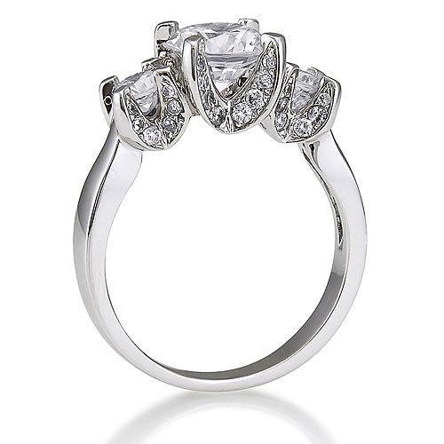 Sterling Silver 3-Stone Cubic Zirconia CZ Ring - Women's Engagement Wedding Ring Size 8