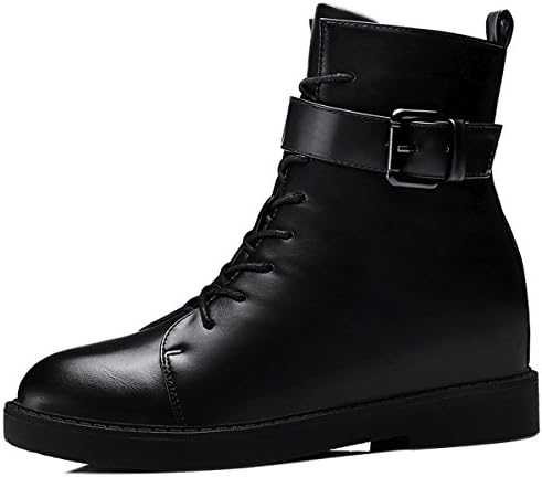 Womens Low Heel Leather Shoes Metal Buckle Lace Up Side Zipper Black Mid-calf Warm Martin Boots EU36