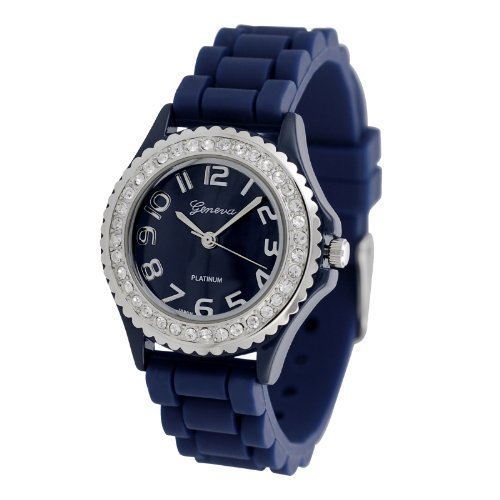 Navy Blue Geneva Silicone Ceramic Style Band Crystal Bezel Women's Watch - S Size