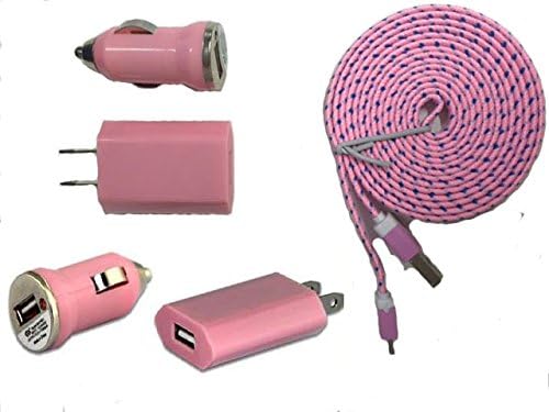 Colorful Braided Charger Pack, 3 in 1; Nylon Braided 6 Feet Cable, Wall Charger &amp; Car Charger for Samsung Galaxy S4, S3, Note 2, Htc, Motorola, Lg, Ps4, Most Android Tablets, Android Phones, and Windows Phones - Black Zebra Red Blue Matching Colors (Pink)