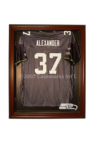 Seattle Seahawks Football Jersey Display Case Cabinet Style with Mahogany Finish Frame