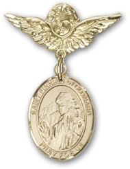 14K Gold Baby Badge with St. Finnian of Clonard Charm and Angel with Wings Badge Pin