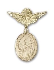 Gold Filled Baby Badge with St. Finnian of Clonard Charm and Angel with Wings Badge Pin
