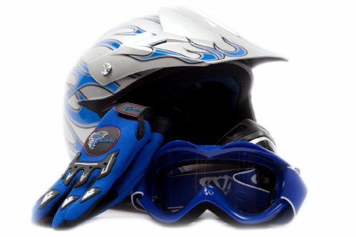 Youth Motocross ATV Dirt Bike MX Helmet, Gloves and Goggles Blue Flame, X-Large Youth Motocross ATV Dirt Bike MX Helmet, Gloves and Goggles Blue Flame, X-Large