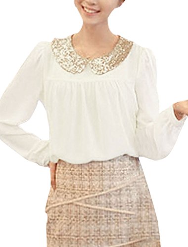 Allegra K Women Sequin Peter Pan Collar Blouse Long Sleeve Chiffon Tops