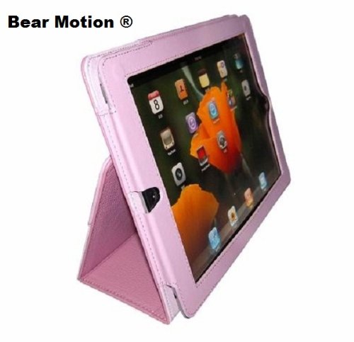 Bear Motion (TM) Genuine Leather Case for iPad 2 / iPad 3 (the New iPad) with 3-in-1 built-in Stand - Support Smart Cover Function (Pink)