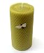 Natural Beeswax Pillar Candle by Tumbleweed Candles. A beautiful handmade beeswax candle with a decorative glass honey bee pin. Burns approximately 18-20 hours.