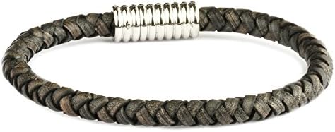 Mens Rustic Brown Braided Leather Bracelet 5mm with Stainless Steel Ring Style Magnetic Clasp, 7 7/8"