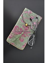 Beautiful Silk Brocade Eyeglass Sunglass Pouch Glasses Protect Bag - Olive with Flower by Shanghai Old Street
