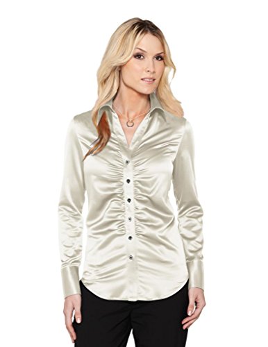 Womens Stylish Matte Satin Long Sleeve Flair Ruching Placket Woven Camille Shirt