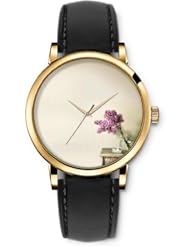 SPRAWL Aanalog Fashion Series Gold Ladies Watches of Genuine Black Leather Strap,Unique Wrist Watch for Women Girls Designed with Two branches of flowers