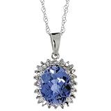 10k White Gold 18" Thin Chain & 9/16 in. (15mm) tall Oval Cluster Pendant, w/ 3.50 Total Carat Oval Cut (10x8mm) Tanzanite Stone & Brilliant Cut Diamonds