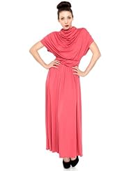 Sophisticated Cap Sleeves Shirred Open-Back Pleated Cowl Neck Turtleneck Maxi Dress 