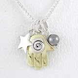 Sterling Silver and Brass Hamsa Pendant with Star and Pearl on 16' Box Chain, #8681