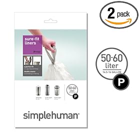 simplehuman Trash Can Liner P, 50-60 Liters/14.5-16 Gallons, 20-Count Bags (Pack of 2)
