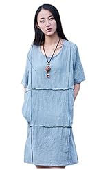 Elbow Length Sleeves Cotton/Linen Knee Length Vintage  Dress