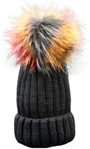 EKIMI Women Winter Crochet Hat Fur Wool Knit Beanie Raccoon Warm Cap Hat (Black)