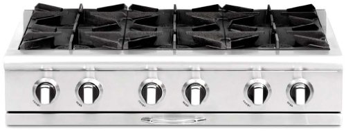 culinarian series 36″ natural gas cooktop with 4 open top burners 12″ thermo-griddle auto-ignition/re-ignition in stainless steel (image shown is not exact)