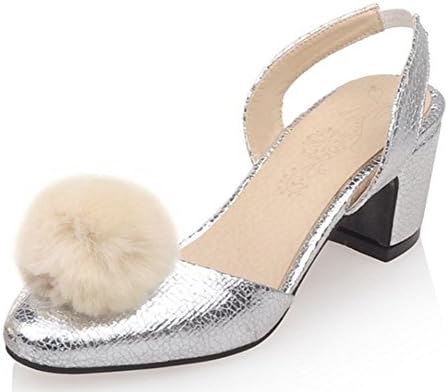 XRU Women's sweet elegant ankle strap slingback studded chunky block heels PU pumps shoes Silver