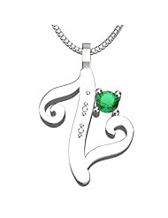 Sterling Silver Letter Z - May Emerald Birthstone 18 Inch Necklace