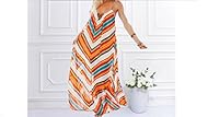 Sexy Striped Print Chiffon/Polyester Sleeveless Spaghetti Strap Ankle Length Backless Maxi Dress 