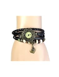 Jim 1PCS Black Vintage New Quartz Heart Weave Wrap Around Leather Bracelet Lady Woman Wrist Watch