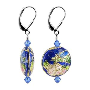 SCER412 Blue Swarovski Crystal Cloisonne Bead Sterling Silver Leverback 1.5" Long Drop Earrings