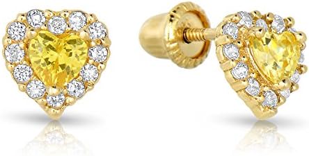 14k Gold Heart Stud Earrings with CZ and Simulated Birthstone for November in Screw-back (November)