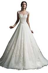 A-line Full Length Scoop Neck Tulle Sleeveless Applique Lace Wedding Dress  with a Brush/Sweep Train 