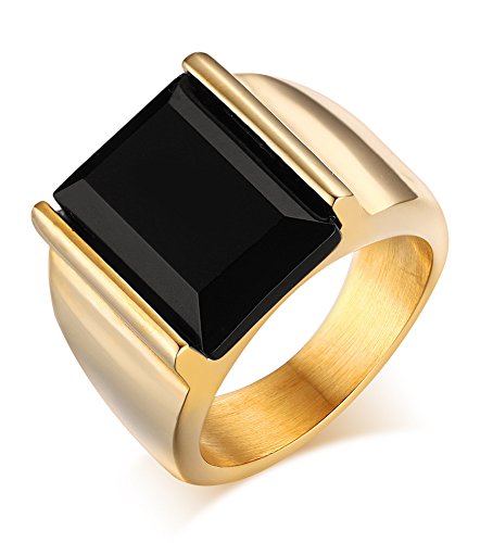 Fashion Stainless Steel Gold Plated Vintage Square Black Agate Signet Rings for Men, Gold,Size 9