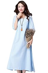 Slit Elbow Length Sleeves Cotton/Linen Maxi Dress 