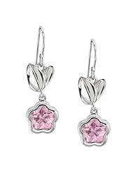GirlS Pink Flower Cubic Zirconia Earrings in Sterling Silver - Shepherds Hook