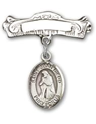 Sterling Silver Baby Badge with St. Juan Diego Charm and Arched Polished Badge Pin