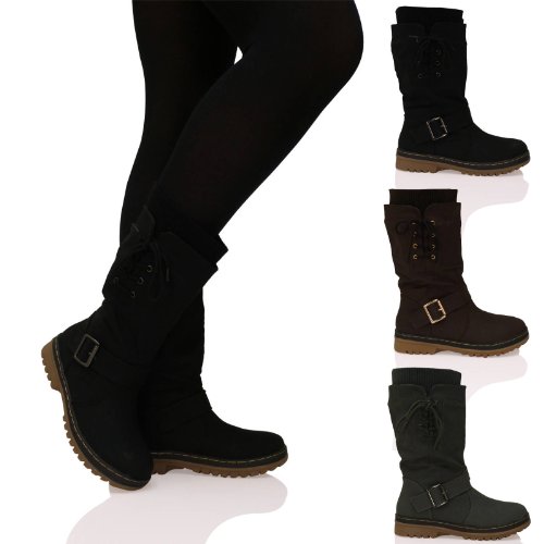 S2D Womens Ladies Mid Calf Pull On Boots Lace Up Sock Casual Trendy Boots Shoes Black Matte Size 5 UK