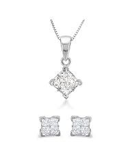 14k White Gold Princess-cut Invisible-Set Diamond Stud Earrings & Pendant Box set (1/2 cttw, IJ, I2)