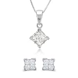 14k White Gold Princess-cut Invisible-Set Diamond Stud Earrings & Pendant Box set (1/2 cttw, IJ, I2)