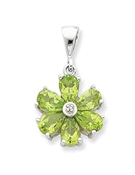 Sterling Silver Rhodium Peridot & Diamond Flower Pendant