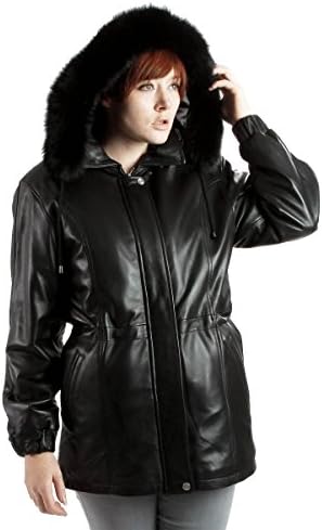 Ramonti Womens Black Fur Trim Hooded Lambskin Leather Coat