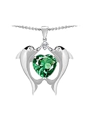 Original Star K (tm) Kissing Love Dolphins Pendant With 8mm Heart Shape Simulated Emerald in .925 Sterling Silver