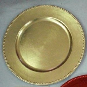 SET OF 12 BEADED RIM ROUND GOLD CHARGER PLATES
