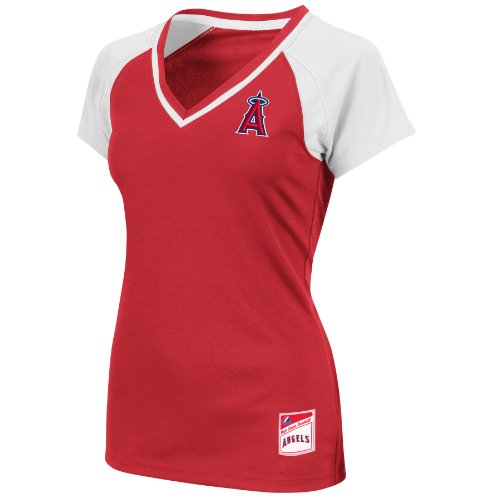 MLB Los Angeles Angels Of Anaheim Women's Short Sleeve Raglan Deep V-Neck Synthetic Tee (Athletic Red/White/White, Medium)