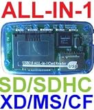 ALL-IN-1 USB 2.0 Memory Card Reader for SD / SDHC Secure digital: miniSD (with adapter), microSD/TransFlash (with adapter) Compact Flash: CF I, CF II, CF Ultra II, MicroDrive, xD Picture Cards MS Multimedia Card: MMC I, MMC II, RS-MMC, HS-MMC