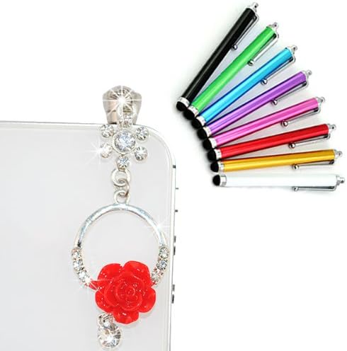 iClover(8 in 1 Bundle Combo Pack) Soft Rubber Capacitive Stylus/styli Touch Screen Pen For Iphone4¡¢4s,Ipod Ipad2¡¢ipad3,SamsungI9300¡¢I9220¡¢I9300,HTC,tablet PC With Red ring & Rose design Dust-proof Diamond Jack Plug