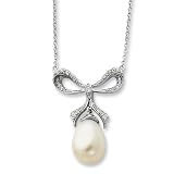 Sterling Silver Cultured Pearl and CZ Bow 18 Inch Necklace