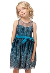 Girls Glittering Mesh Lace-Up Knee Length  Dress With a Sash 