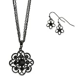 1928 Black-plated Jet Crystal Flower Earrings and 16 Inch Necklace Set