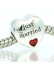 .925 Sterling Silver " Just Married w/ Red Cubic Zirconia " Bead Compatible with Pandora Chamilia Kay Troll Bracelet