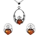 Baltic Honey Amber and Sterling Silver Claddagh Stud Earrings and Necklace Set, 18
