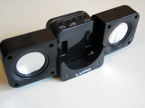 LUPO BLACK PORTABLE FOLDING SPEAKERS FOR IPOD VIDEO, TOUCH, CLASSIC, NANO (ALL GENERATIONS), MINI, SHUFFLE PLUS ALL OTHER MP3 AND MP4 PLAYERS *INCLUDES POWER ADAPTER*