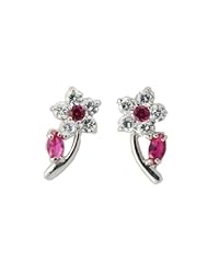 Little girl earrings red flower 14k white Gold, cz stones, with screw back, gold is sometimes better for sensitive or allergic reaction